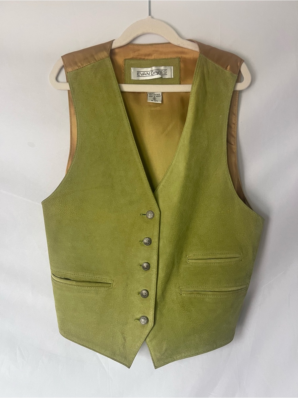 Women’s Vintage 80s EVAN DAVIES Lime Green* 100% Silky Pig Split Button Vest